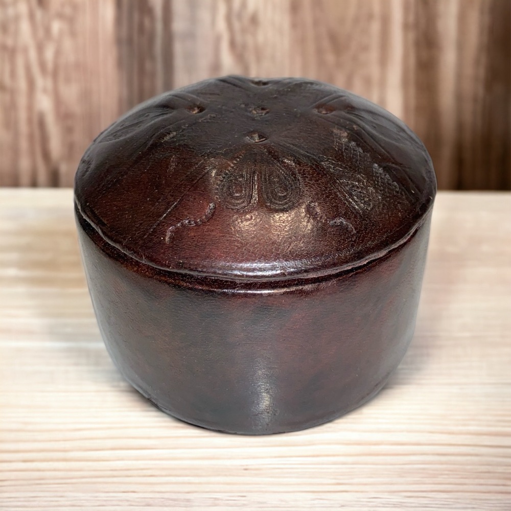 Round Brown Leather Trinket Box with Tooled Cover